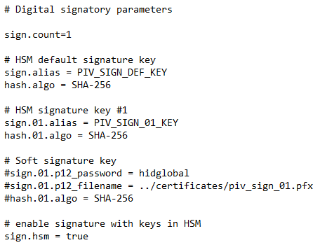 Example of Digital signatory parameters configuration with details about signature keys